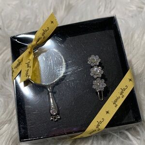 🟢3 for $20—-Elegant barrette floral crystal design w matching mini mirror - Set